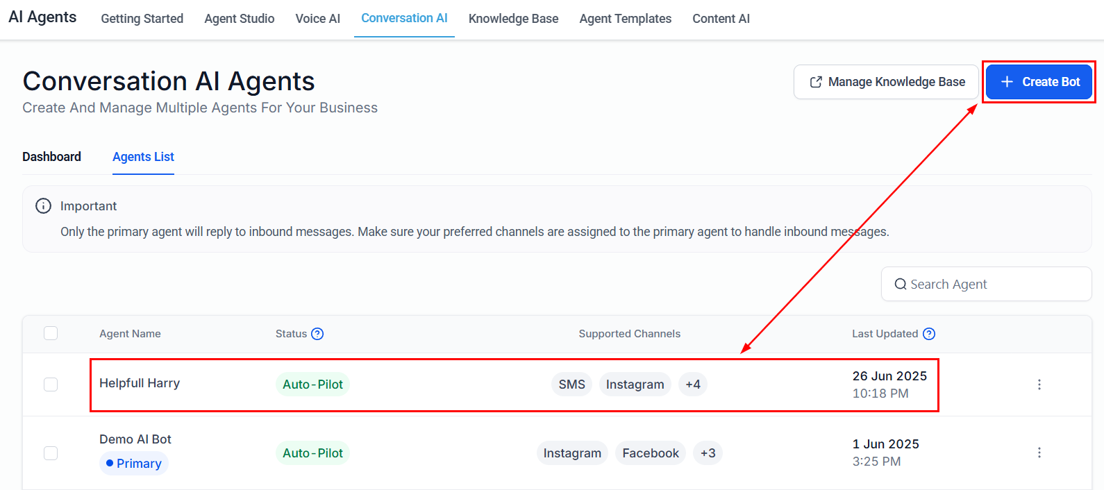 Conversation AI agents list with bot status