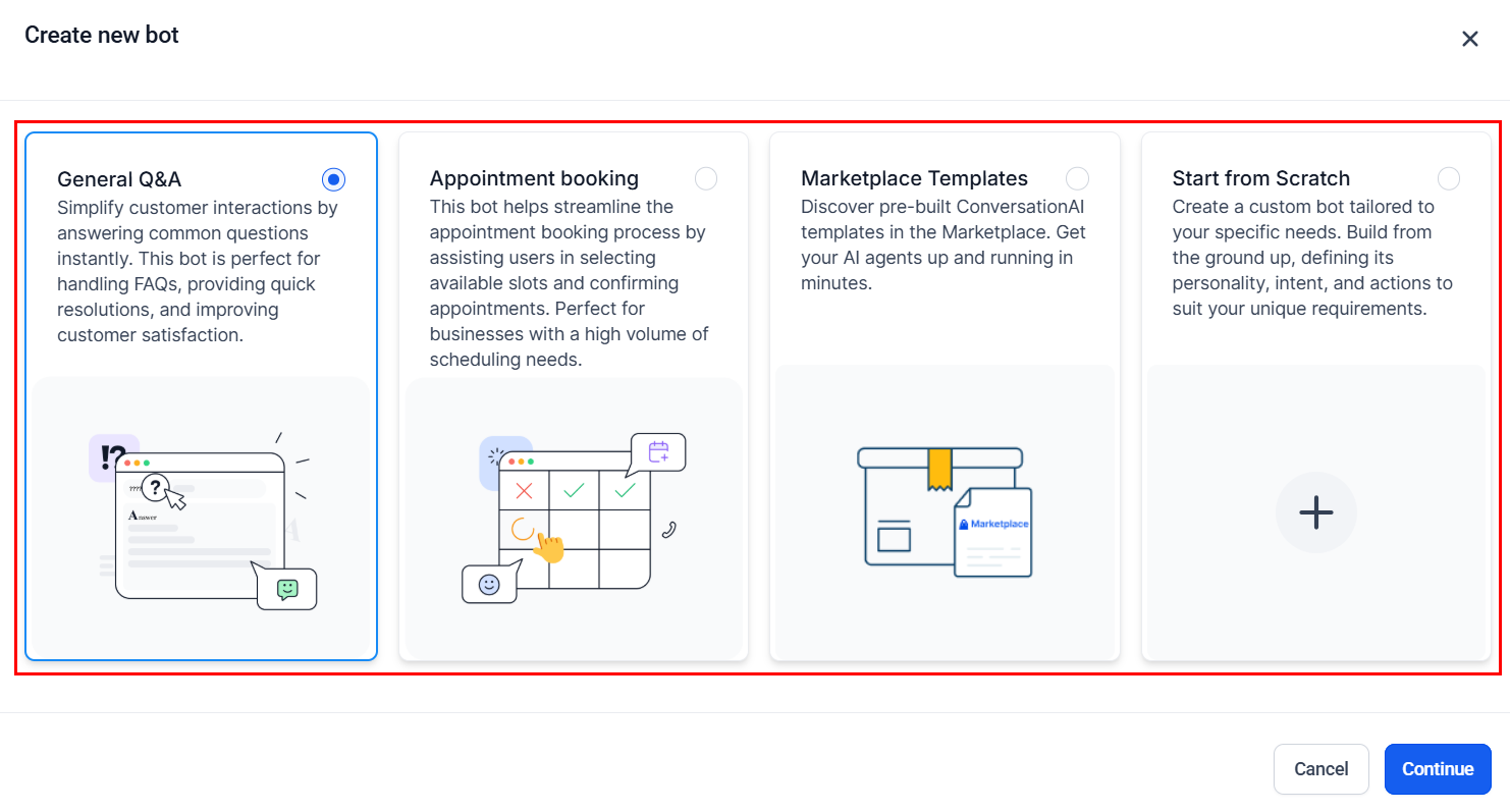 Create new bot dialog with four bot type options