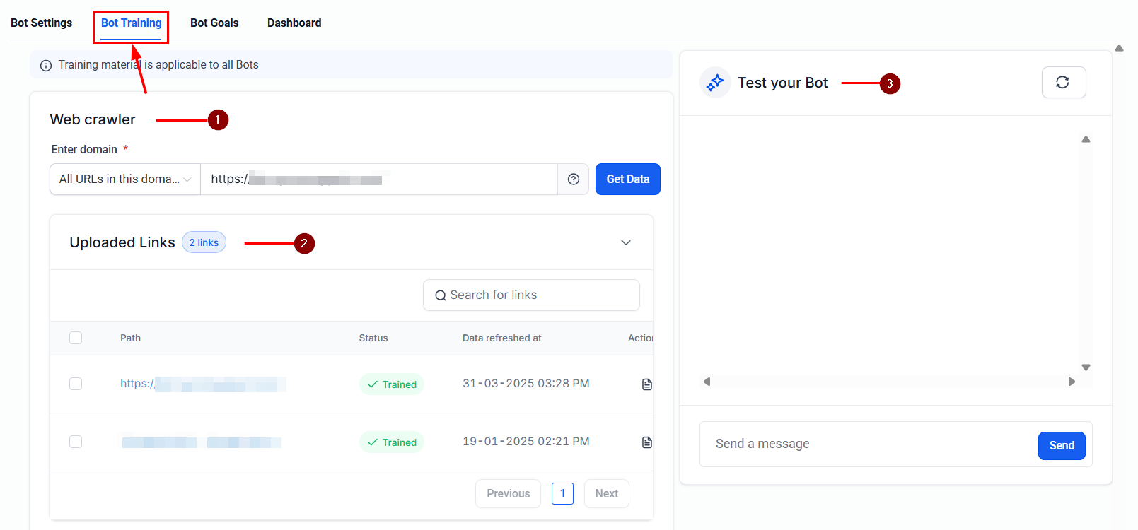 Bot Training tab with web crawler, links, and test bot panel