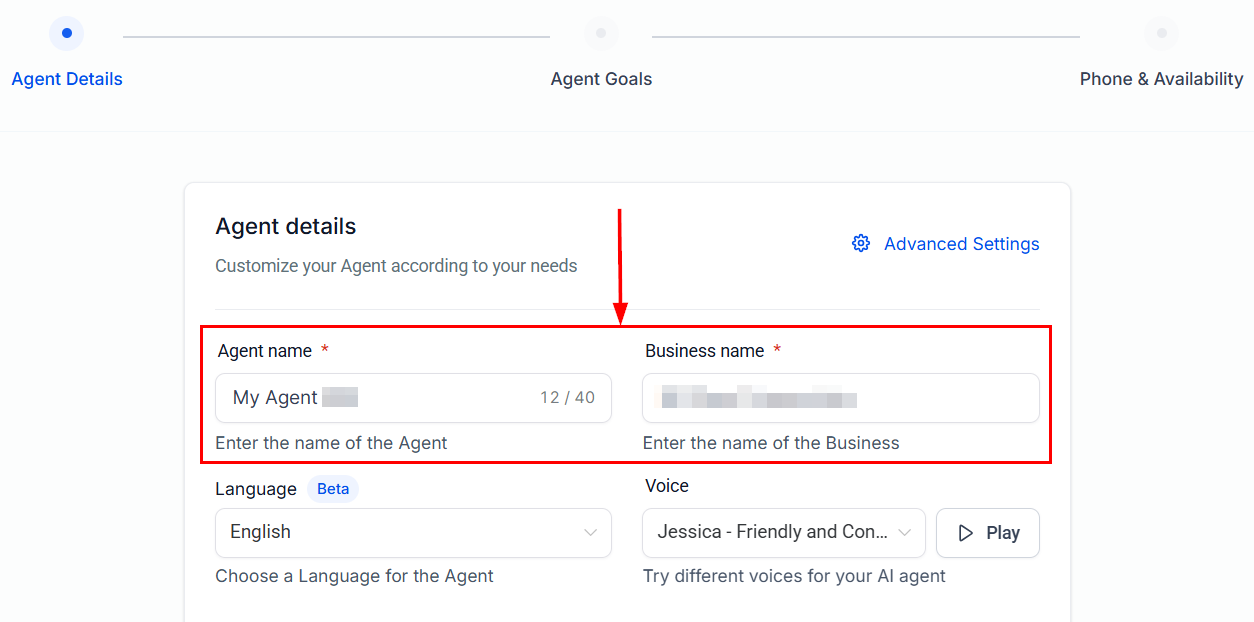 Voice AI agent setup with agent name and language selection