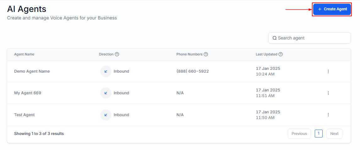 Voice AI agents list with Create Agent button
